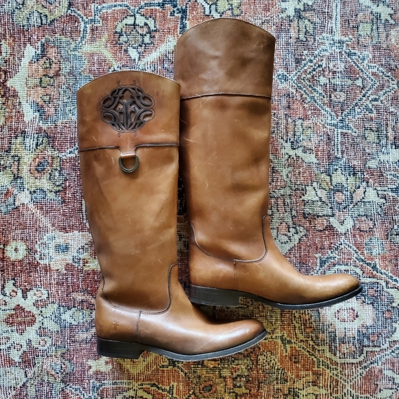 FRYE MELISSA LOGO KNEE HIGH LEATHER BOOTS 9.5B EEUC With BOX! - Picture 4 of 16